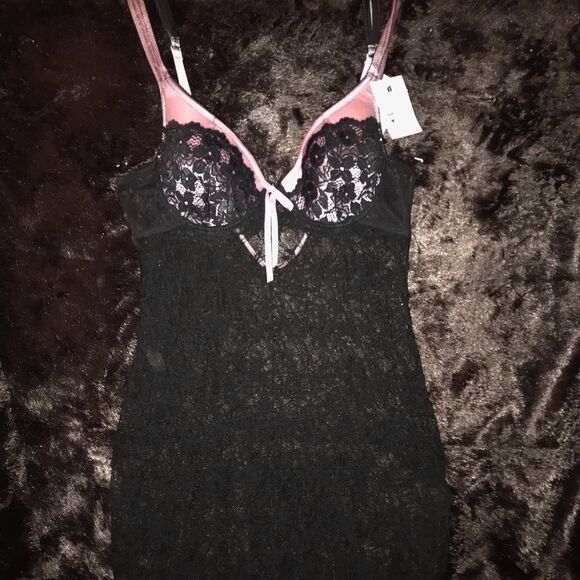 Pink Satin Trimmed Black Stretch Lace Slip NWT - Picture 2 of 7